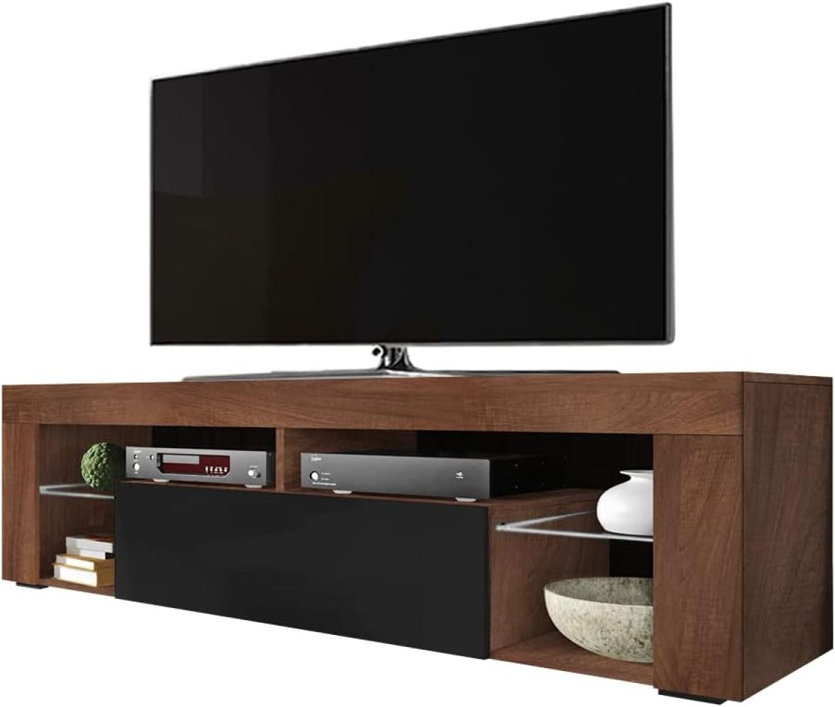 Selsey BIANKO – TV-Lowboard/TV-Schrank in Holz-Optik Nuss Caravaggio mit Klappe in Schwarz Hochglanz Stehend 140cm Bild 1