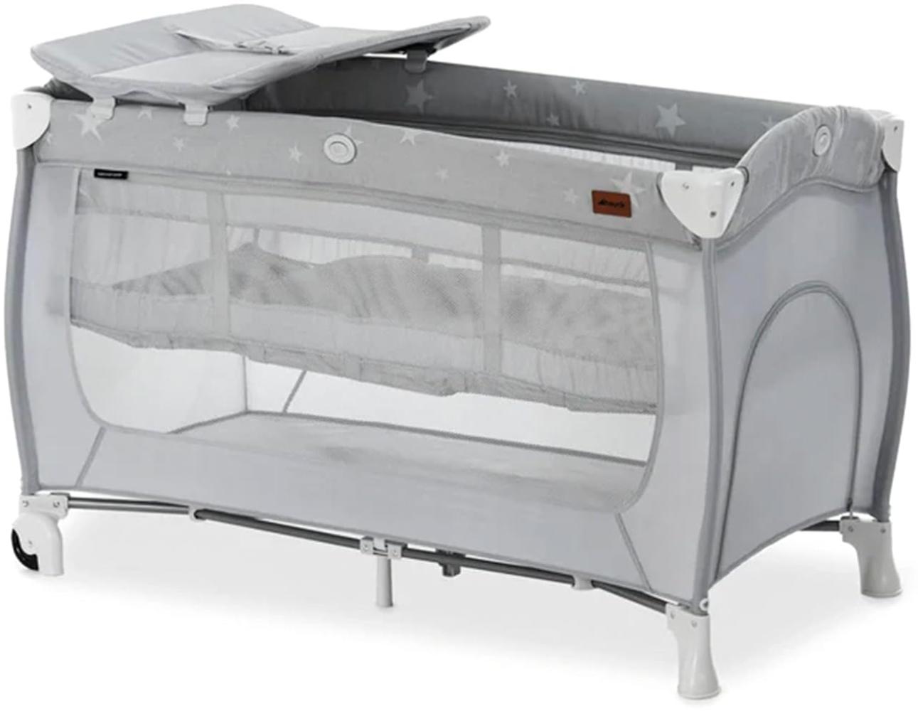 Hauck Reisebett 4 in 1 Sleep N Play Center inkl. Wickelauflage, Neugeborenen-Einhang, Schlupf. Rollen und Transporttasche, ab Geburt bis 15 kg, 120x60 cm, Kompakt Zusammenklappbar, Stars Grau Bild 1