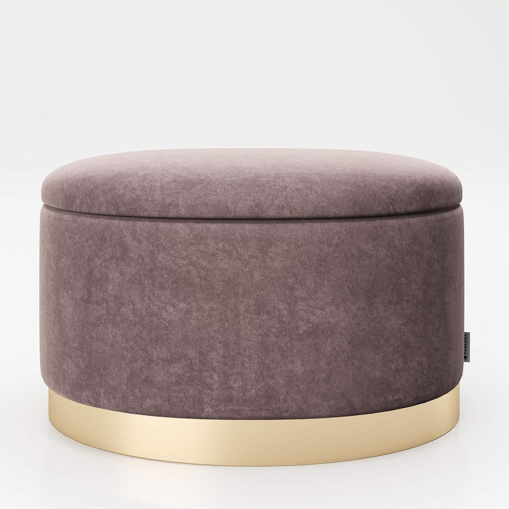 PLAYBOY - ovaler Pouf "ROSANNE" gepolsterter Sitzhocker mit Stauraum, Samtstoff in Rosa, goldener Metallfuss, Retro-Design Bild 1