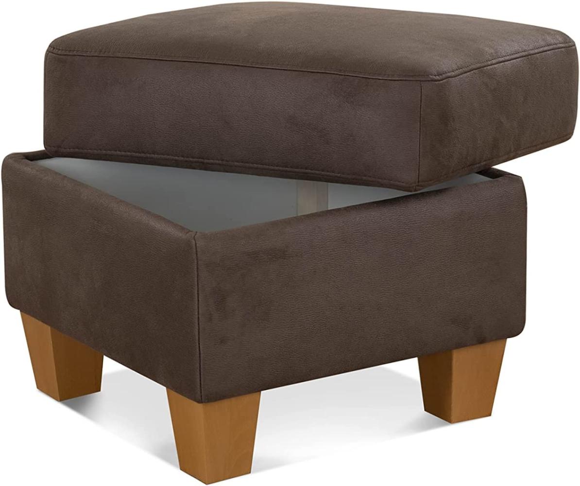 Cavadore Hocker Ammerland / Stauraumhocker mit Holzfüßen, als Fußhocker oder Beistellhocker / 58 x 48 x 58 / Wildlederoptik, Braun Bild 1