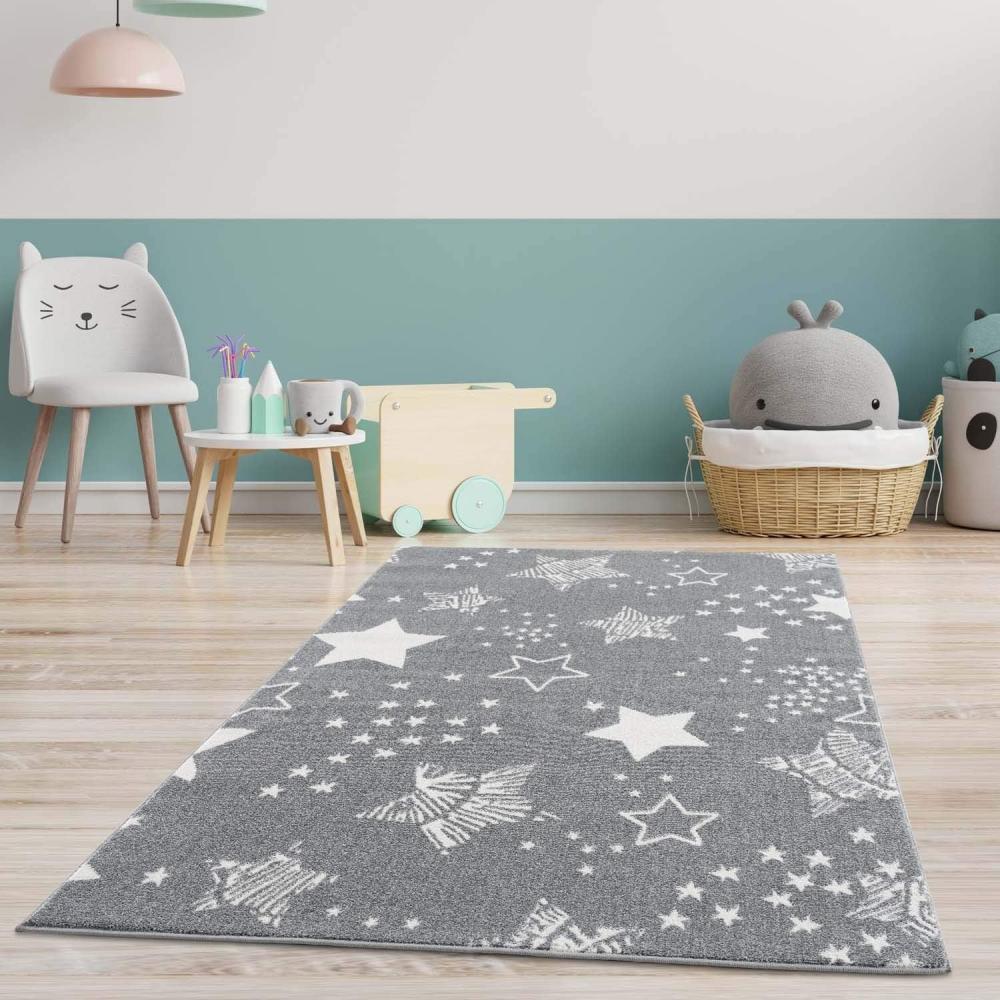 carpet city Kinderteppich - Sterne Sternen-Himmel 140x200 cm Grau - Kinderzimmer Teppich Modern Bild 1