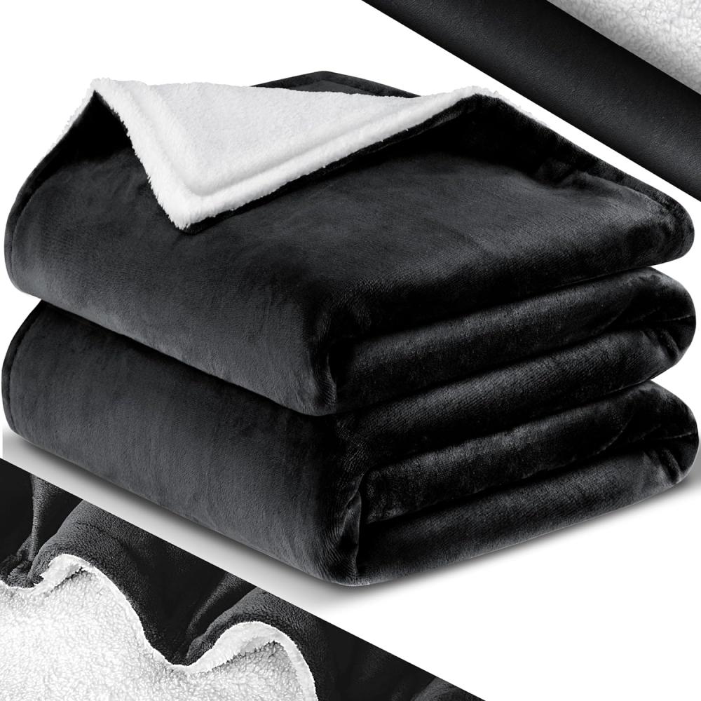 KESSER® Kuscheldecke Flauschige Sherpa Extra Weich & Warm Wohndecke Flanell Fleecedecke, Falten beständig/Anti-verfärben als Couchdecke Sofadecke oder Bettüberwurf Schwarz, 130 x 150 cm Bild 1