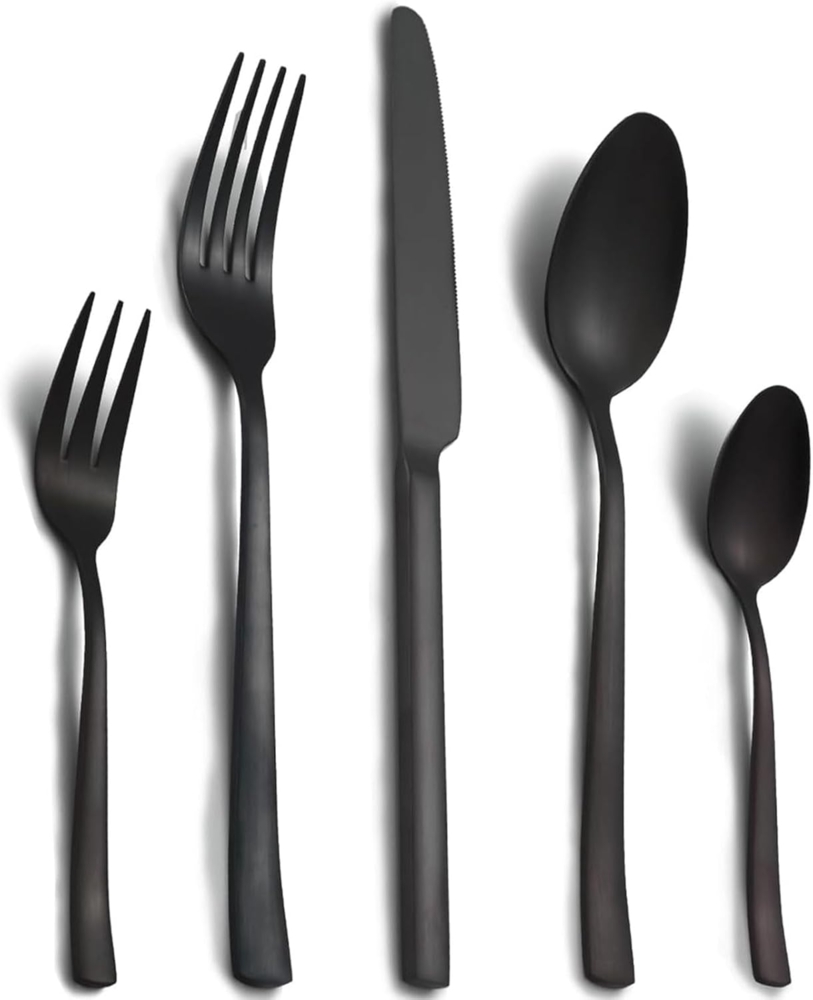 BEWOS Besteckset für 6 Personen, 30-teiliges Besteckset aus Edelstahl, mattschwarzes Besteckset mit Messern, Gabeln und Löffeln, hochglanzpoliert und spülmaschinenfest Bild 1