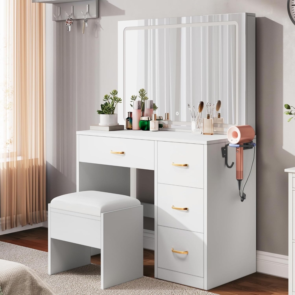 YITAHOME Schminktisch mit Spiegel, Kosmetiktisch mit 4 Schubladen, Beleuchtung, Steckdose, Weiß (Make Up Tisch, Frisiertisch, Kosmetiktisch, Vanity Table) Bild 1