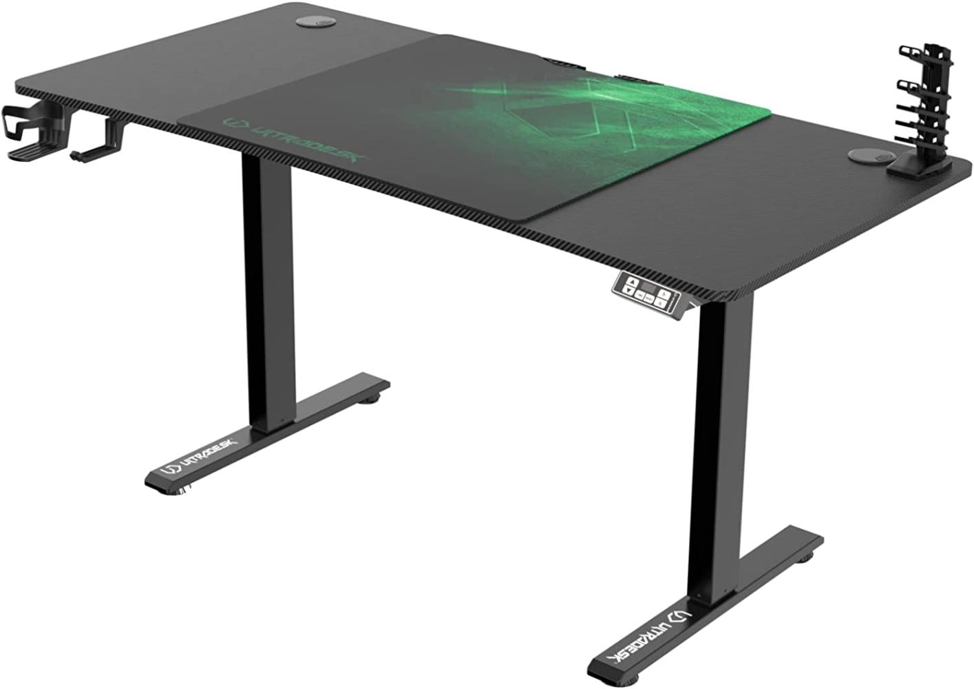 ULTRADESK Level | Ergonomischer Gaming-Schreibtisch mit elektrischer Höhenverstellung | Interner Speicher für 2 Einstellungen | Steckdosenleiste, XXL-Mauspad | Stahlgestell, Grünes Pad, 140x66 cm Bild 1