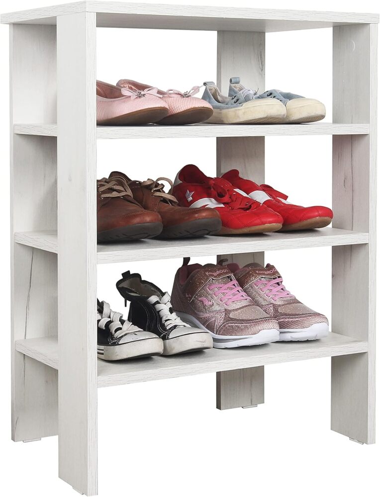 RICOO Schuhregal schmal und hoch 70 x 55 x 32 cm Standregal Pressholz Eiche Weiß WM039-EP, Schuhständer mit 3 Ebenen, Schuhschrank offen, Schuhablagen Flur Shoe Rack, Schuhablage klein, Schuhregale Bild 1