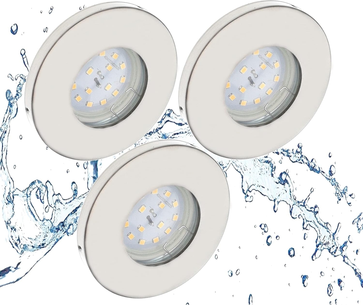 TRANGO LED Einbauleuchte, 3er Set 6729IP65-032MO LED Einbaustrahler IP65 aus Edelstahl gebürstet inkl. 3x 5 Watt 3000K warmweiß Ultra Flach LED Modul für Bad, Dusche, Einbauspots, Deckenstrahler, Deckenlampe, Badleuchte Bild 1