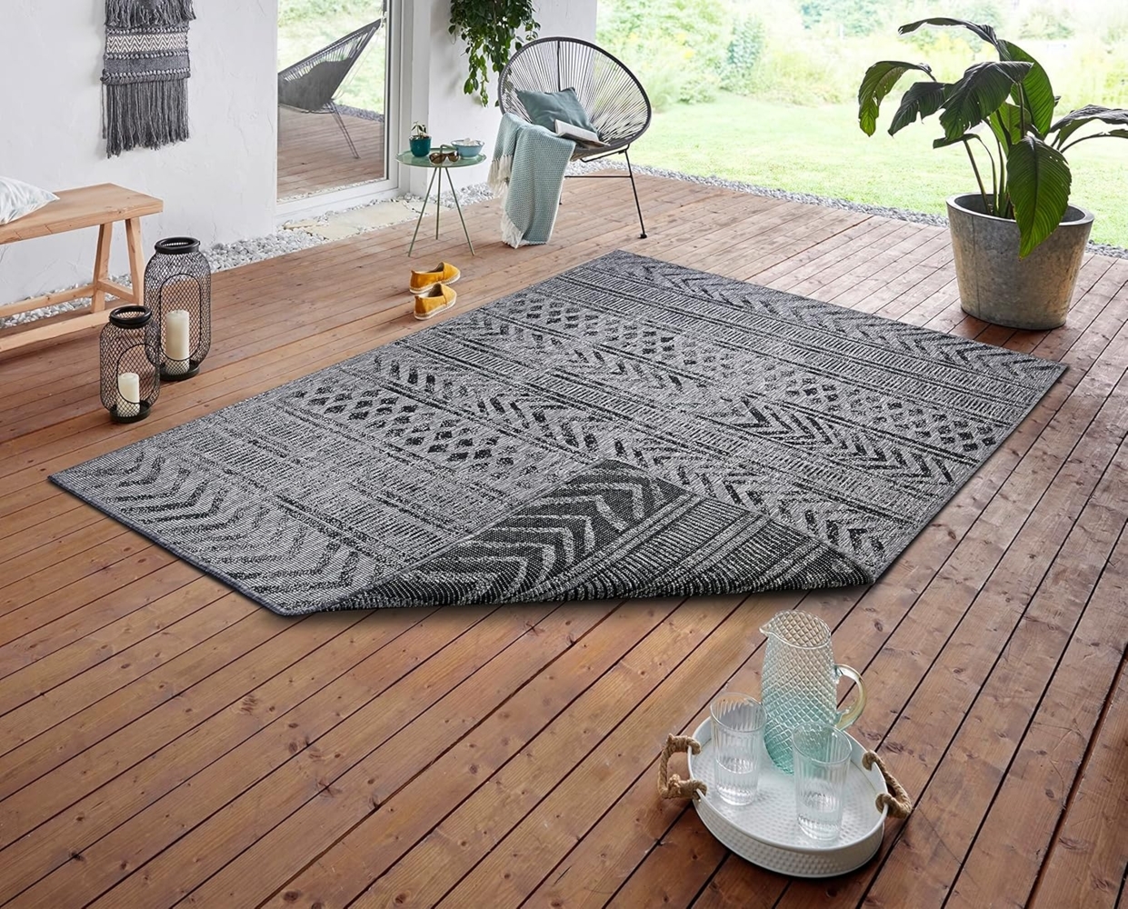 NORTHRUGS In- und Outdoor Teppich Biri 240x340 cm - Wendeteppich Wetterfest Boho Style Vintage Design Teppich für Balkon Terrasse Garten Wintergarten Wohnzimmerteppich Wasserfest in Night Silver Bild 1