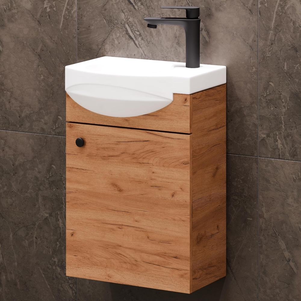 Planetmöbel Waschtisch 40cm Gold Eiche, Waschtischunterschrank hängend mit Waschbecken, Badezimmmer Möbel für Gäste WC Bild 1