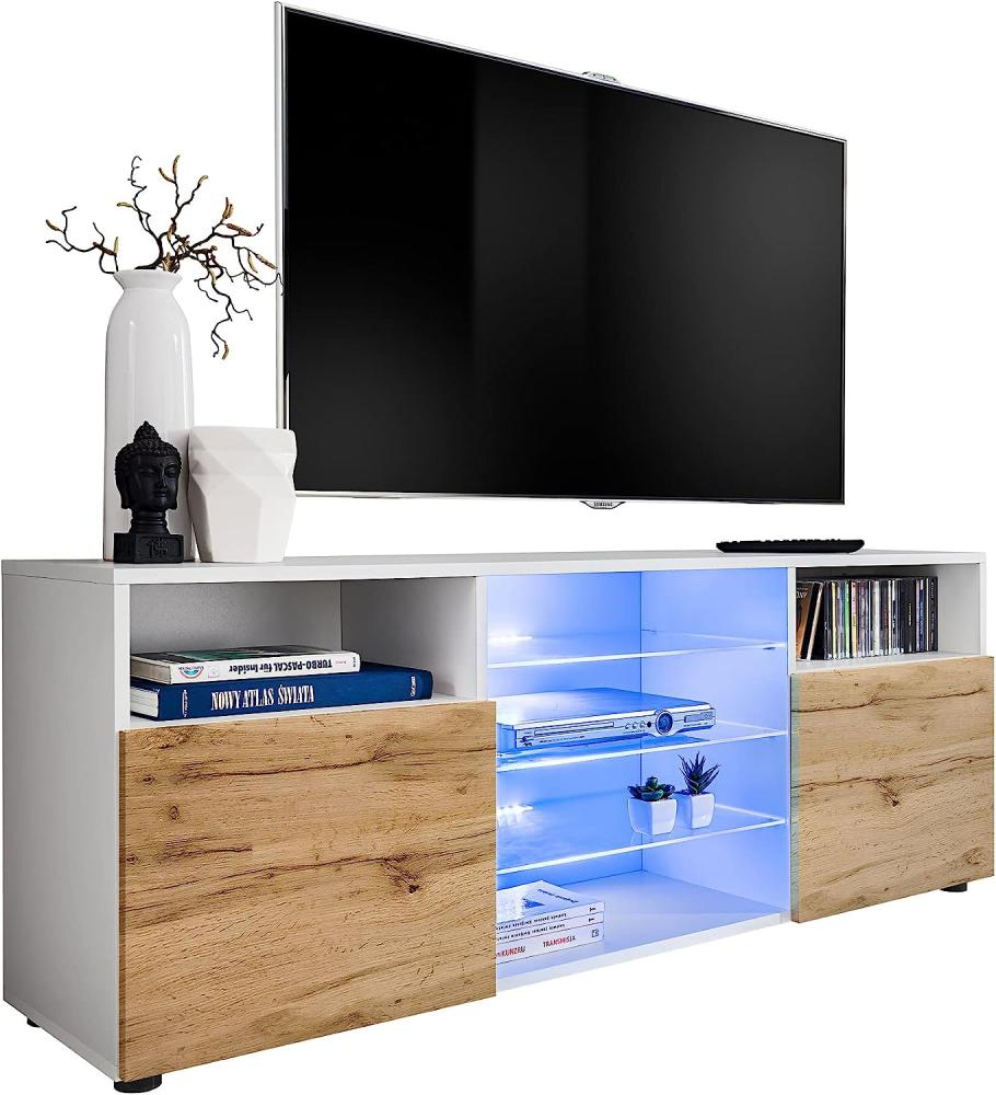 ExtremeFurniture T38 TV Lowboard, Karkasse in Weiß Matt/Front in Wotan Matt mit LED in Blau Bild 1