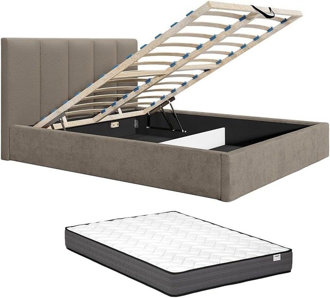 Vente-unique - Bett mit Bettkasten & Kopfteil mit vertikalen Ziernähten + Matratze - 160 x 200 cm - Stoff - Taupe - KILACLO Bild 1