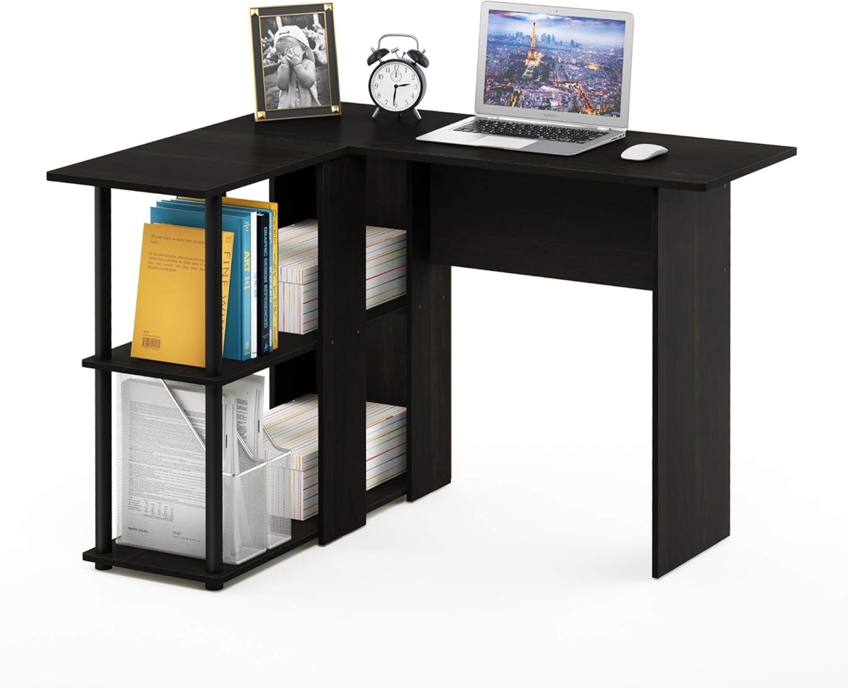 Furinno Abbott L-förmiger Schreibtisch mit Regalen, holz, Espresso/Schwarz, 87.5 x 87.5 x 73.51 cm Bild 1