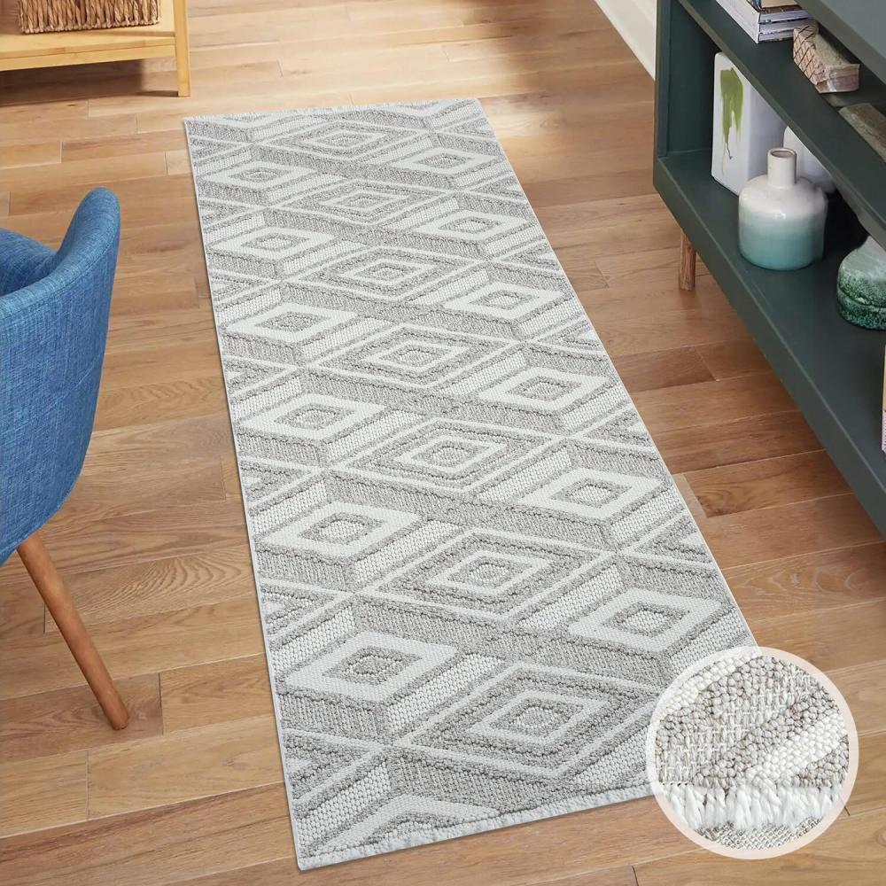 carpet city Teppich-Läufer Kurzflor Flur - Grau, Beige - 80x300 cm - Teppiche Fransen Boho-Style - Rauten-Muster - Schlafzimmer, Wohnzimmer Bild 1