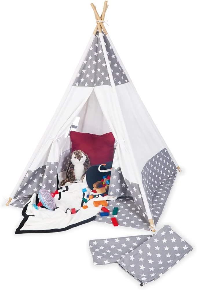 Pinolino 'Jakara' Tipi, Sternchen Muster, mit Fenster, Bodenmatte und Aufbewahrungsbeutel, Baumwolle / Polyester grau / weiß, B/T/H 120 x 120 x 155 cm Bild 1