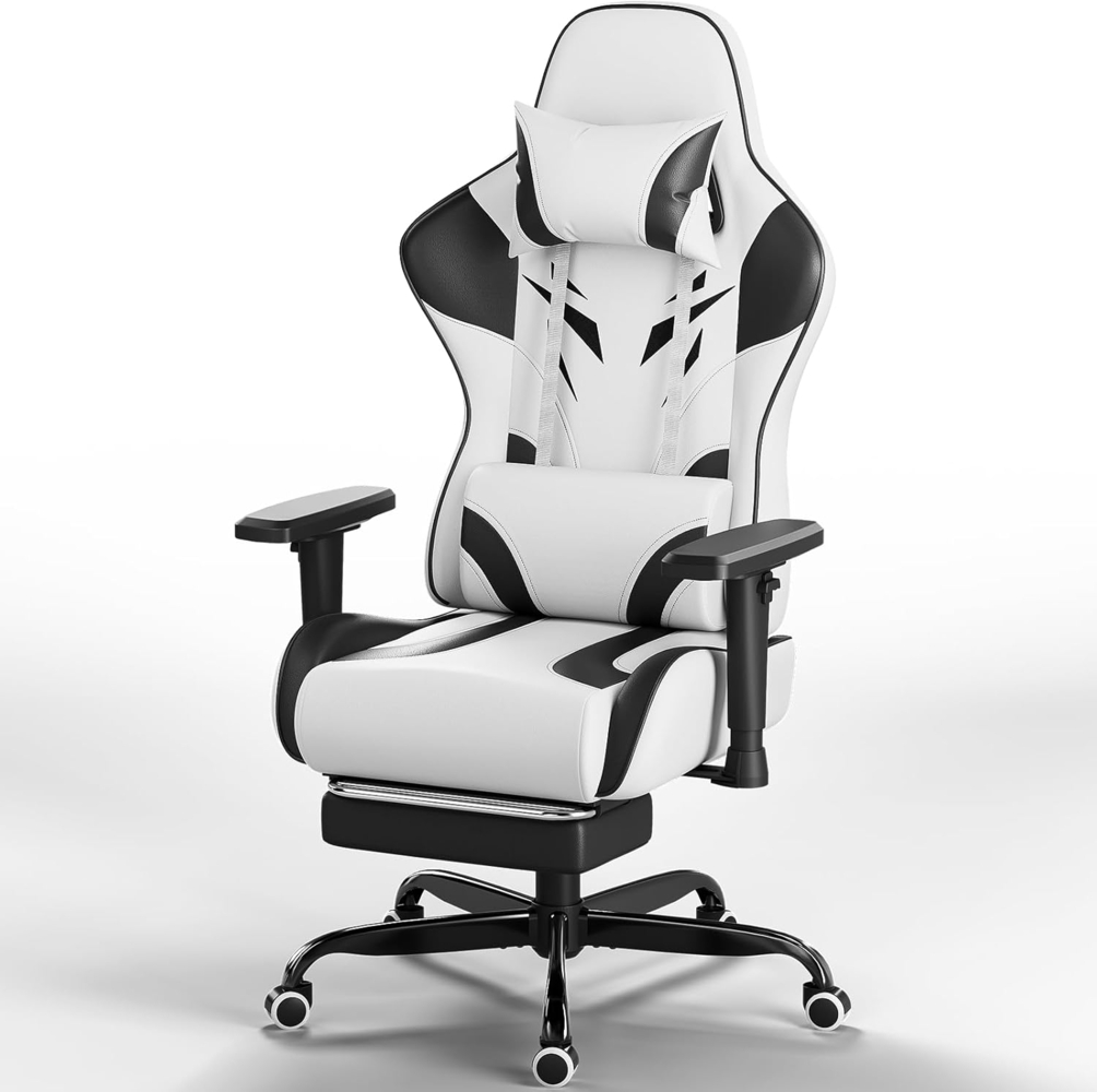 JUMMICO Gaming Stuhl mit verstellbaren Armlehnen, Bürostuhl Ergonomisch mit Fußstütze, Gamer Stuhl Belastbarkeit 150 kg, weiß Bild 1