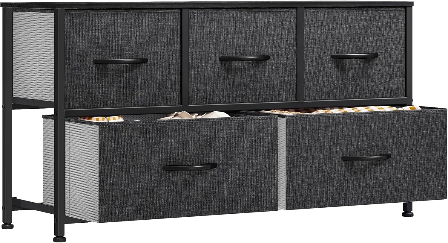 YITAHOME Schubladenschrank, Kommode mit 5 Schubladen aus Stoff, Kleideraufbewahrung & Sideboards/Schwarzes Metall-Regal und MDF-Platte/Wohnzimmer, Schlafzimmer, Kinderzimmer, Flur - Dunkelgrau Bild 1