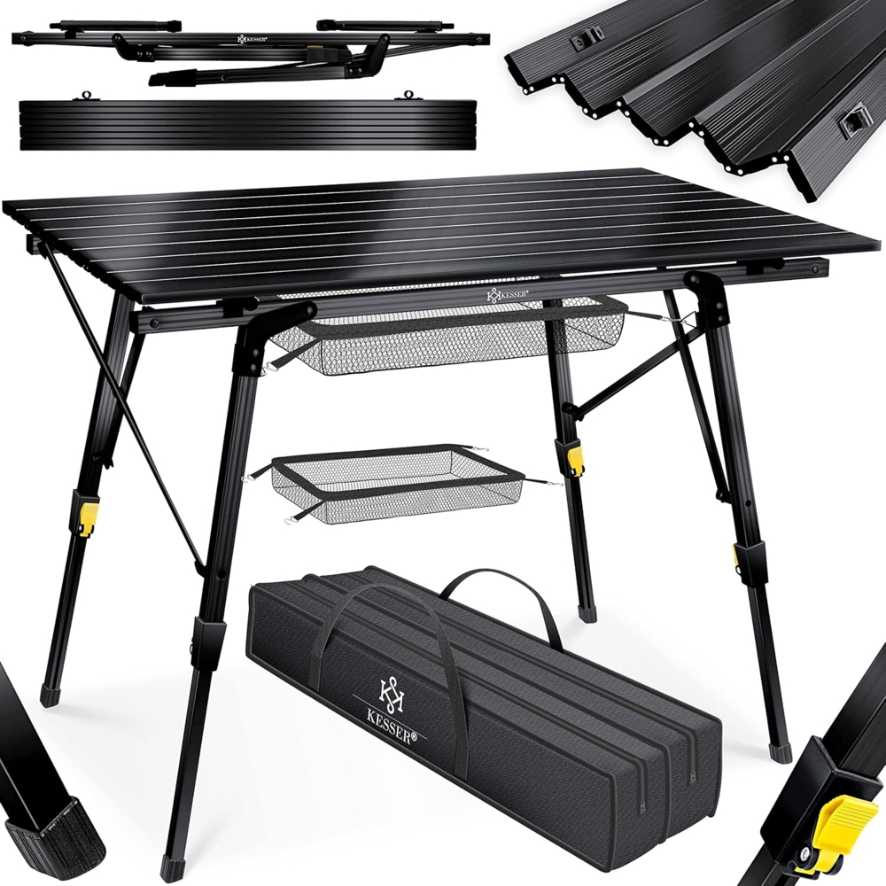 KESSER® Campingtisch faltbar Klapptisch mit Aluminiumrahmen Aufrollbare Tischplatte Falttisch klappbar höhenverstellbar inkl. Tragetasche mit Trageband & Netztasche Schwarz Bild 1