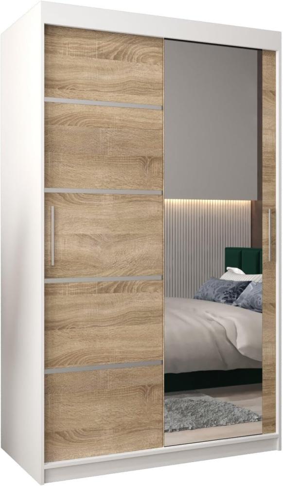 KRYSPOL Schwebetürenschrank Verona 2-120 cm mit Spiegel Kleiderschrank mit Kleiderstange und Einlegeboden Schlafzimmer-Wohnzimmerschrank Schiebetüren Modern Design (Weiß + Sonoma) Bild 1