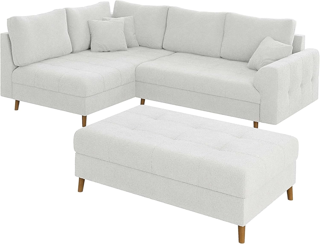 S-Style Möbel Ecksofa mit Schlaffunktion und Hocker Leif mit Holzfüßen, aus Boucle-Stoff, Ottomane links oder rechts bestellbar. Schlaffunktion in Kombination mit Hocker möglich, mit Wellenfederung Bild 1