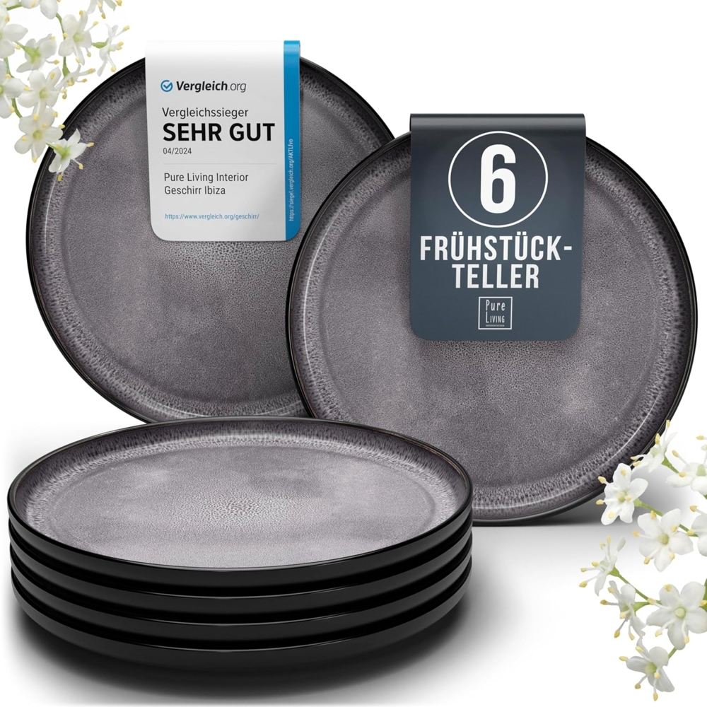 Steingut Frühstücksteller 6 Pers. Ibiza Hochwertiges Mediterranes TEST SEHR GUT Dessertteller Set - Kuchenteller spülmaschinen- und kratzfest - Kleine Teller, Salatteller Pure Living in Grau Bild 1