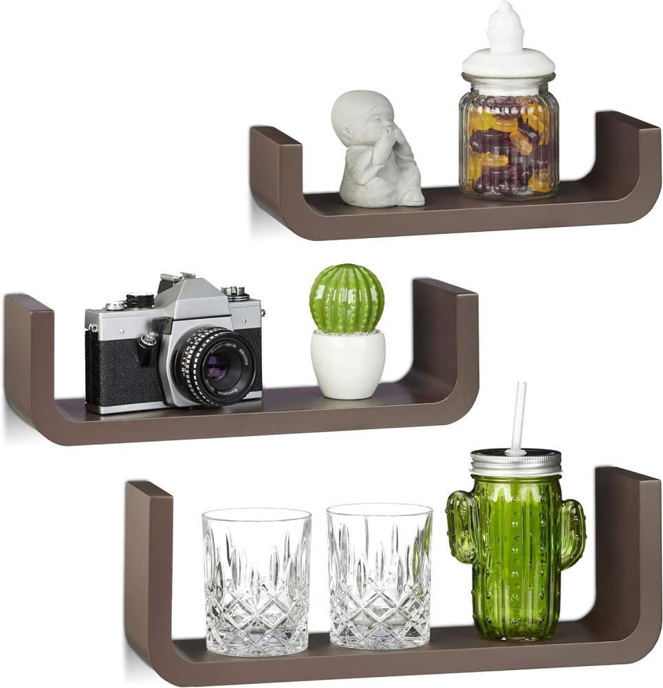 Relaxdays Wandregal 3er Set, dekorative U-form Wandboards, kleine Holz-Regalbretter 10 cm tief, bis 40 cm breit, braun Bild 1