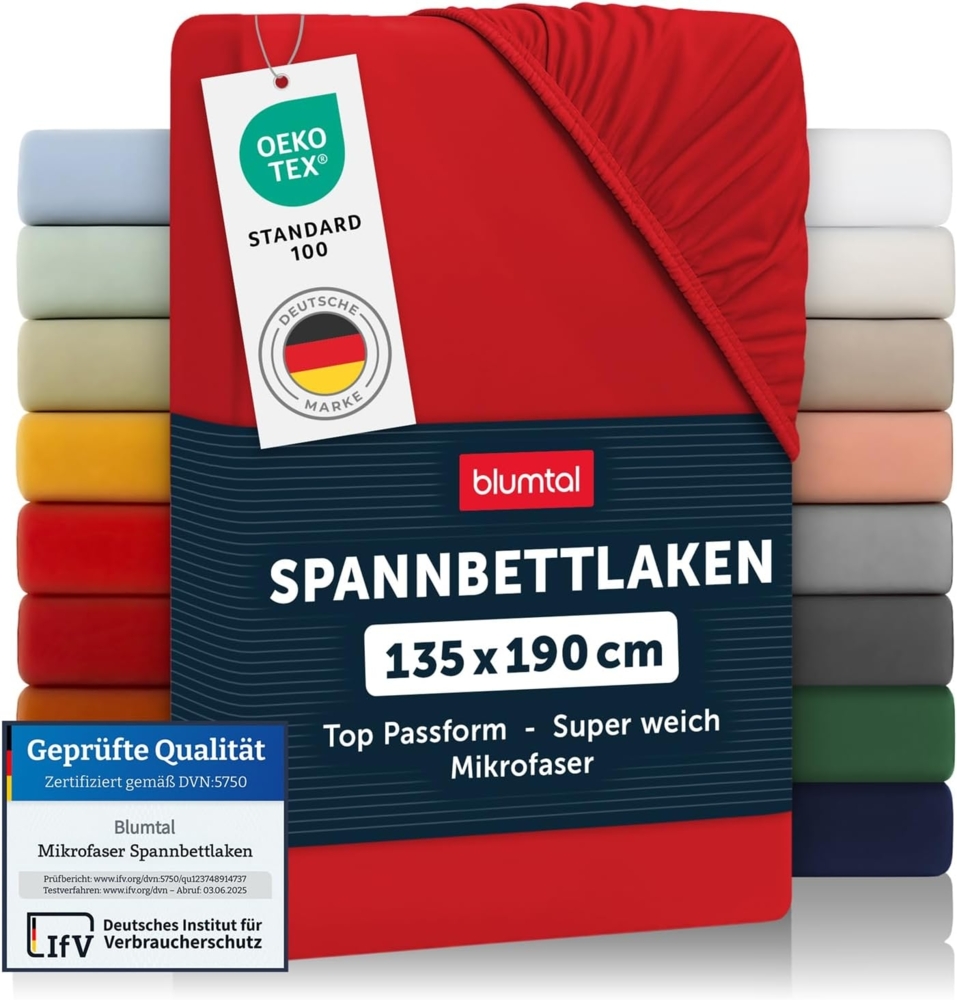 Blumtal® Spannbettlaken 135x190 cm - Bettlaken 135x190 aus Microfaser - Oekotex zertifiziertes Spannbetttuch 135x190 - Spannbettlaken 135x190 / Spannleintuch 135x190 - Bettlaken - Fitted Sheets - Rot Bild 1