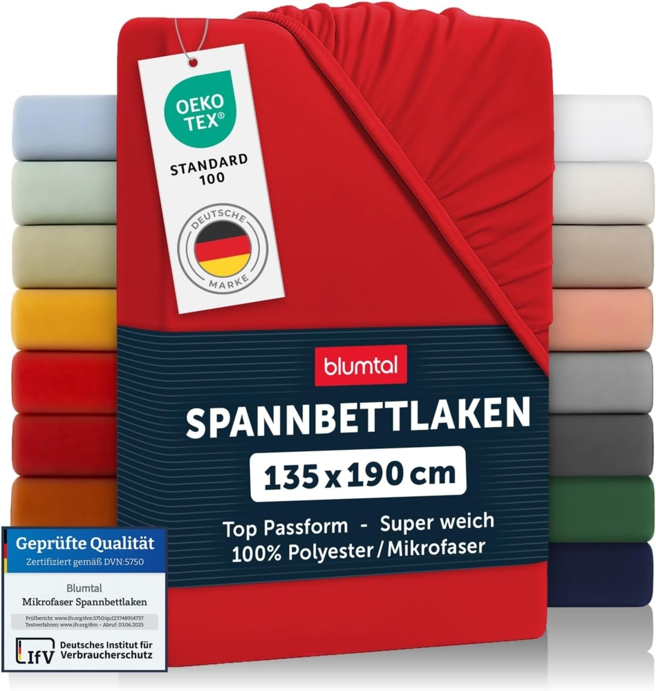 Blumtal® Spannbettlaken 135x190 cm - Bettlaken 135x190 aus Microfaser - Oekotex zertifiziertes Spannbetttuch 135x190 - Spannbettlaken 135x190 / Spannleintuch 135x190 - Bettlaken - Fitted Sheets - Rot Bild 1