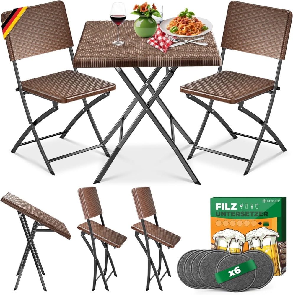 KESSER® Bistroset 3-teilig Balkontisch mit 2 Stühlen | Balkonmöbel Wetterfest & UV-beständig Balkonset klappbare Sitzgruppe | Beschichtetes Stahl | Gartenmöbelset mit 6 Filz-Untersetzer Braun, Rattan Bild 1