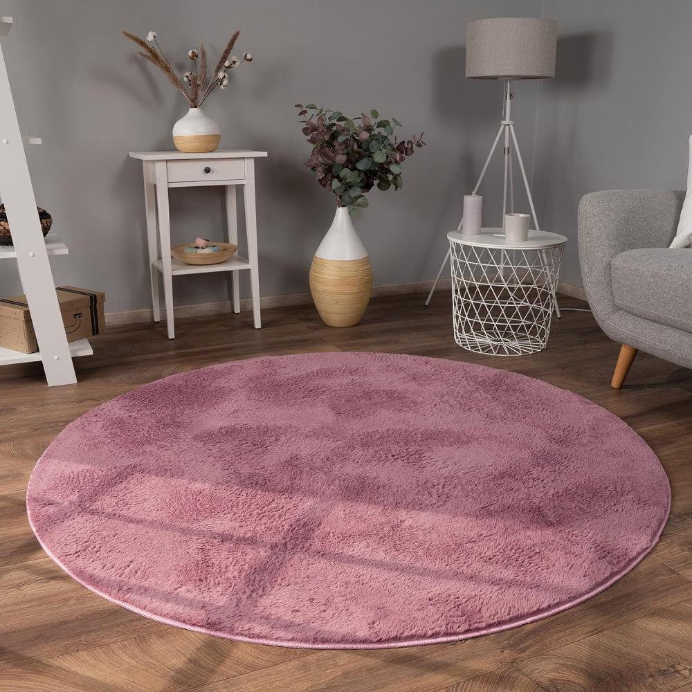 Paco Home Hochflor Teppich Wohnzimmer Flauschig Fellteppich Kunstfell Plüsch Shaggy Weich Fellimitat, Grösse:160 cm Rund, Farbe:Lila Rosa Bild 1