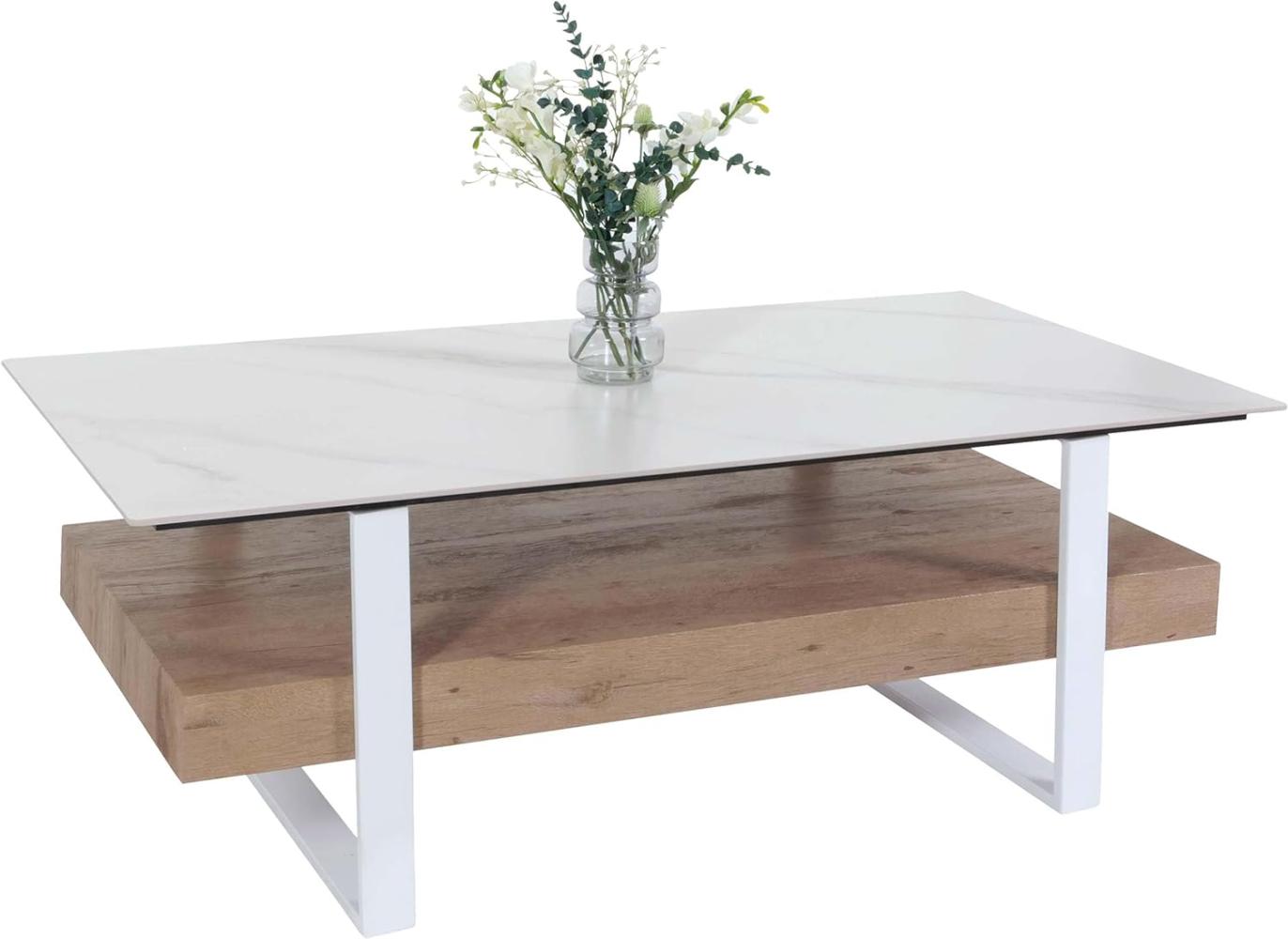 Couchtisch HWC-L88, Wohnzimmertisch Tisch, Ablage Eisen 43x120x60cm Sinterstein Marmor-Optik weiß Holz natur Bild 1