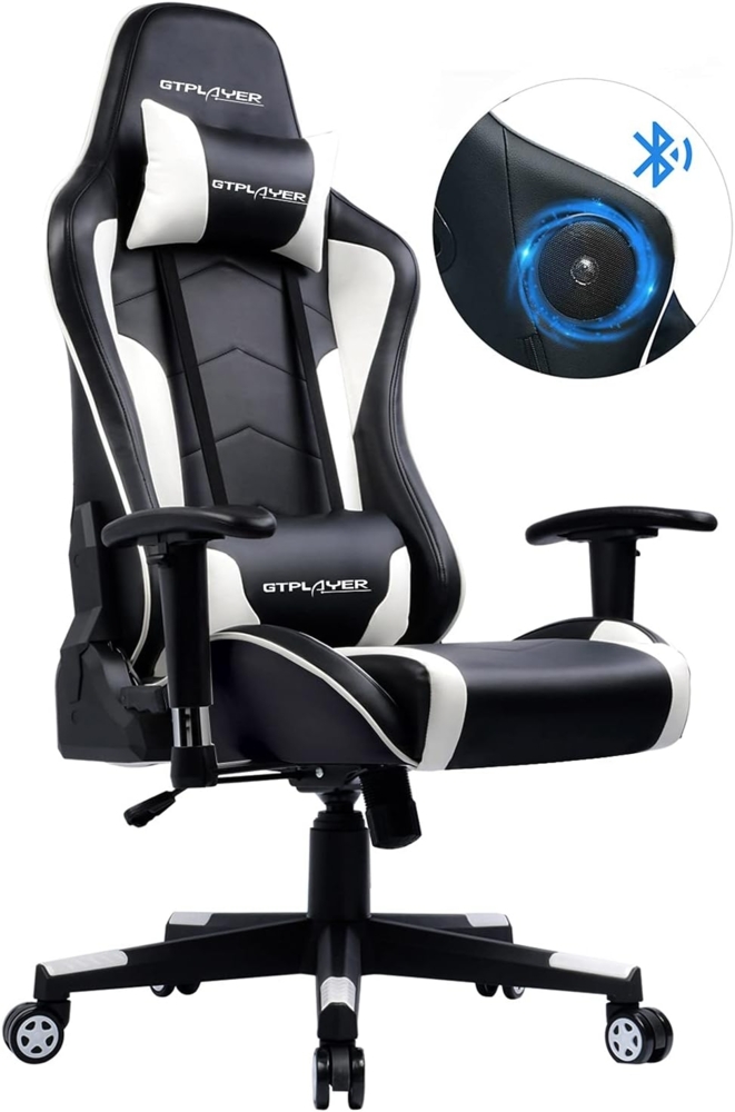 GTPLAYER Gaming Stuhl mit Lautsprecher Bürostuhl Schreibtischstuhl Serie Musik Audio Gamer Stuhl Drehstuhl Ergonomisches PC Stuhl Multi-Funktion E-Sports Chefsessel (Schwarz-weiß) Bild 1