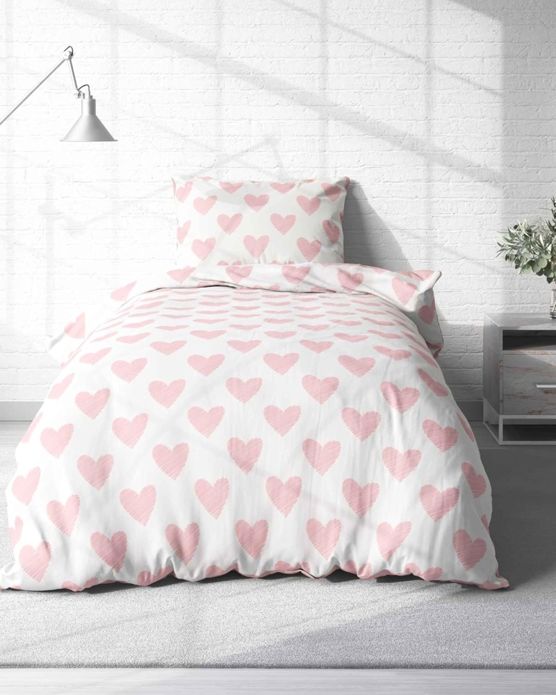 MTOnlinehandel Bettwäsche Winterbettwäsche Herzen 135x200 + 80x80 cm, Winter Plüsch Teddy, Coral Fleece, 2 teilig, Partnerbettwäsche kuscheliger als Biber Flanell Bild 1