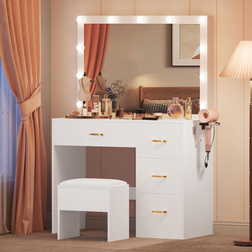 YITAHOME Schminktisch mit Spiegel, Kosmetiktisch mit 4 Schubladen, Frisiertisch mit Hocker, Beleuchtung, Steckdose, Weiß (Make Up Tisch, Frisiertisch, Kosmetiktisch, Vanity Table) Bild 1