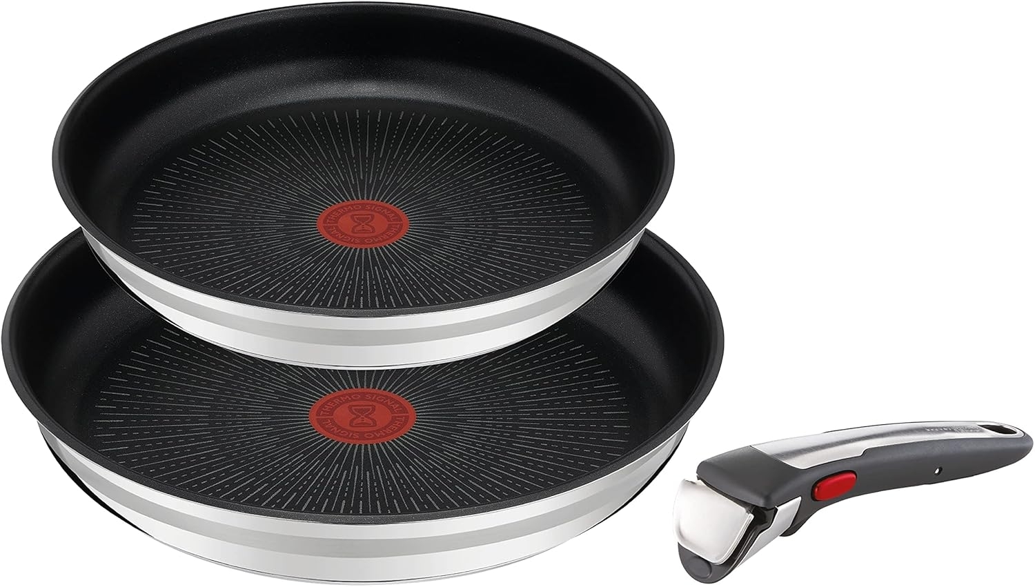 Tefal Jamie Oliver 3-teiliges Ingenio Pfannen-Set, 1 abnehmbarer Griff, 2 Antihaft-Pfannen, Edelstahl, Induktion, ofenfest, platzsparend, L9769173 Bild 1