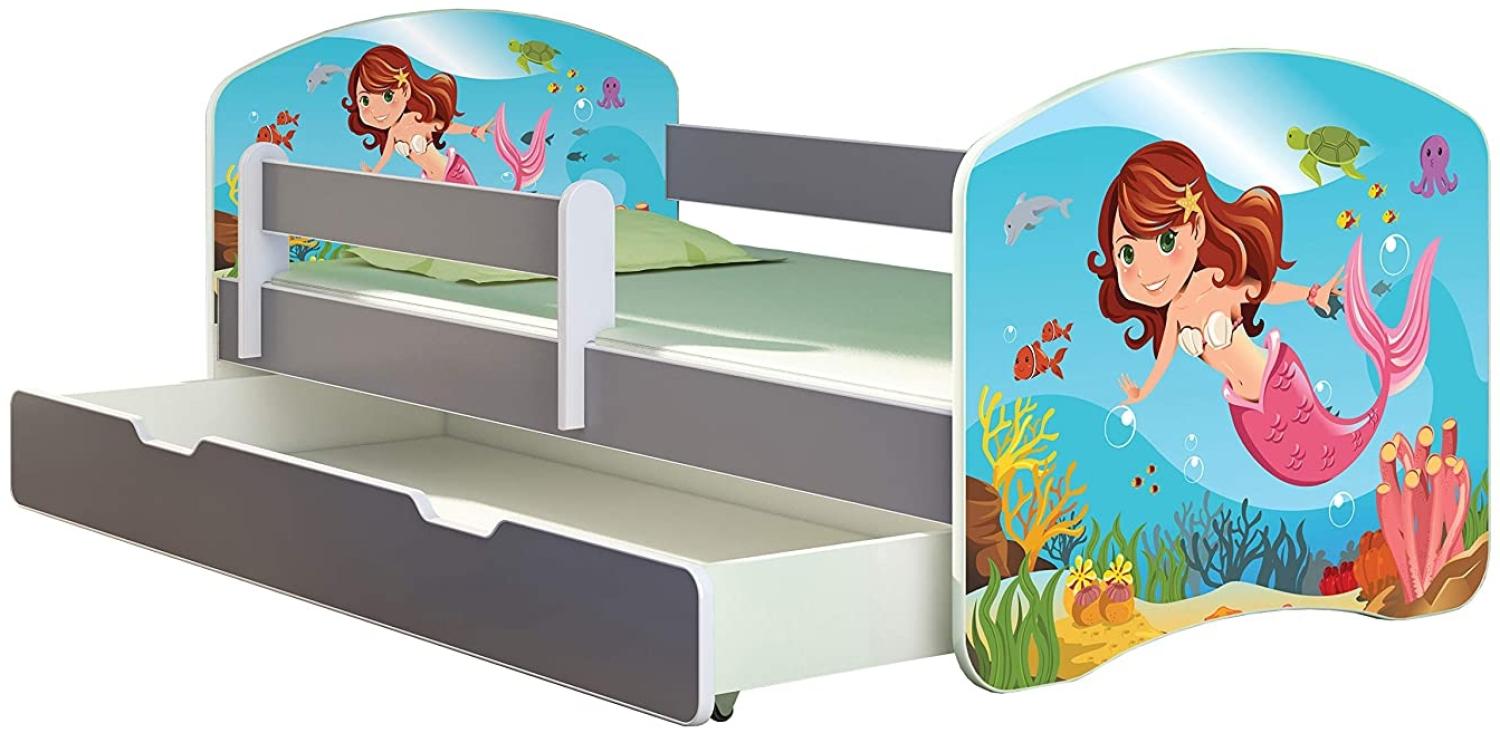 ACMA Kinderbett Jugendbett mit Einer Schublade und Matratze Grau mit Rausfallschutz Lattenrost II (09 Meerjungfrau, 140x70 + Bettkasten) Bild 1