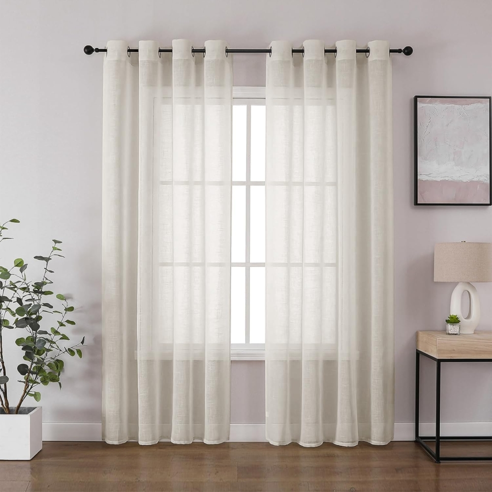 CUCRAF Leinen Voile Vorhänge mit Ösen Gardine für Schlafzimmer Wohnzimmer, Leinenfarbe, H225 x B140cm 2er Set Bild 1