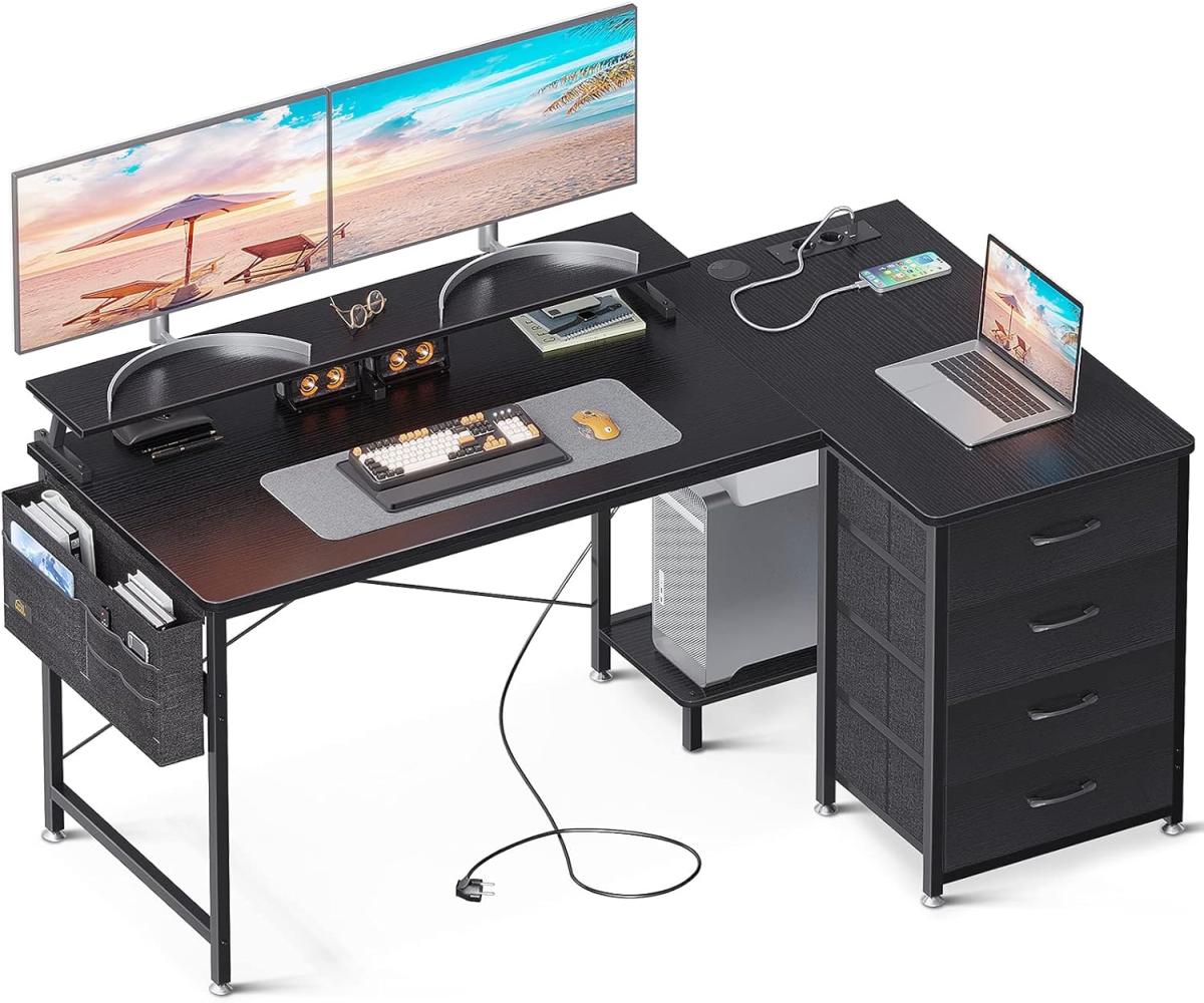 ODK L-förmiger Schreibtisch, Eckschreibtisch Groß mit USB-Ladeanschluss&Steckdose, Eckschreibtisch mit 4 Schubladen&Monitorablage, Computertisch L Form für Homeoffice (Schwarz, 140x80x84. 7cm) Bild 1