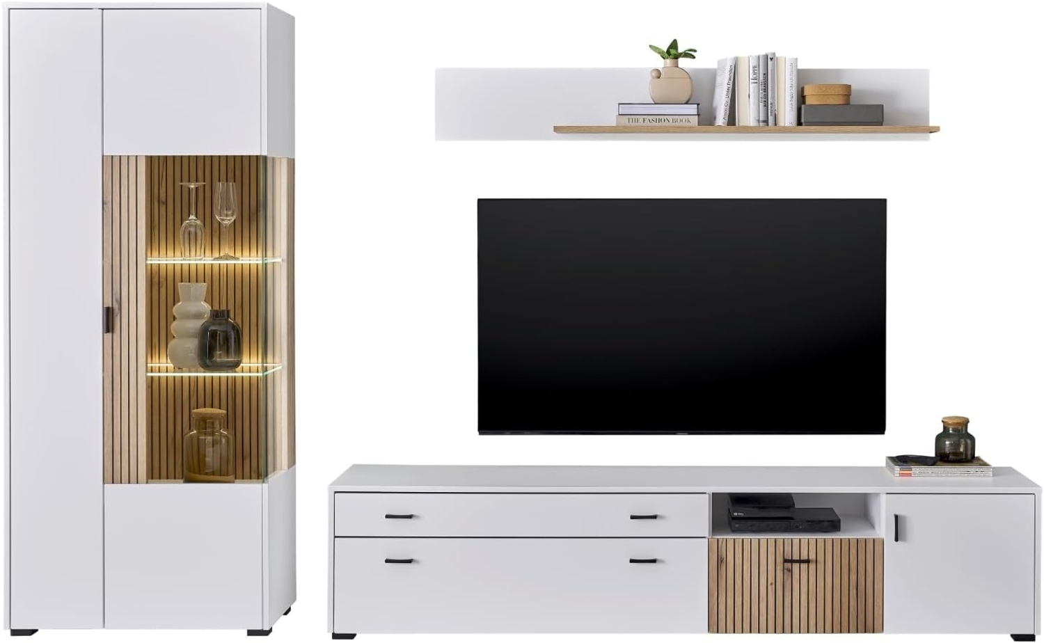 Wohnwand Merced in weiß matt und Eiche 3-teilig 285 x 180 cm Bild 1