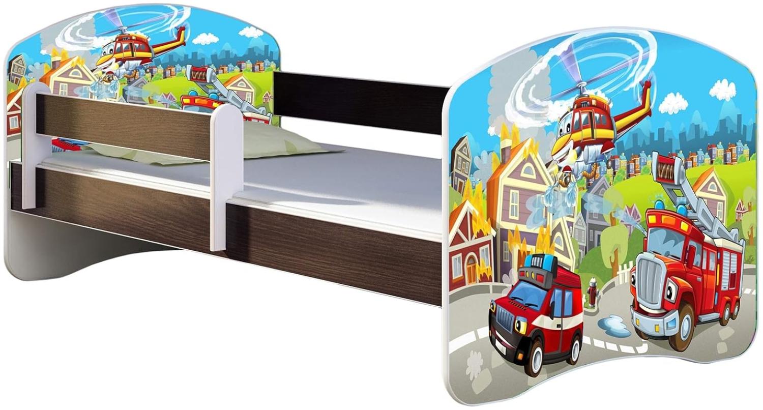 ACMA Kinderbett Jugendbett mit Einer Schublade und Matratze Wenge mit Rausfallschutz Lattenrost II 140x70 160x80 180x80 (36 Feuerwehr, 160x80) Bild 1