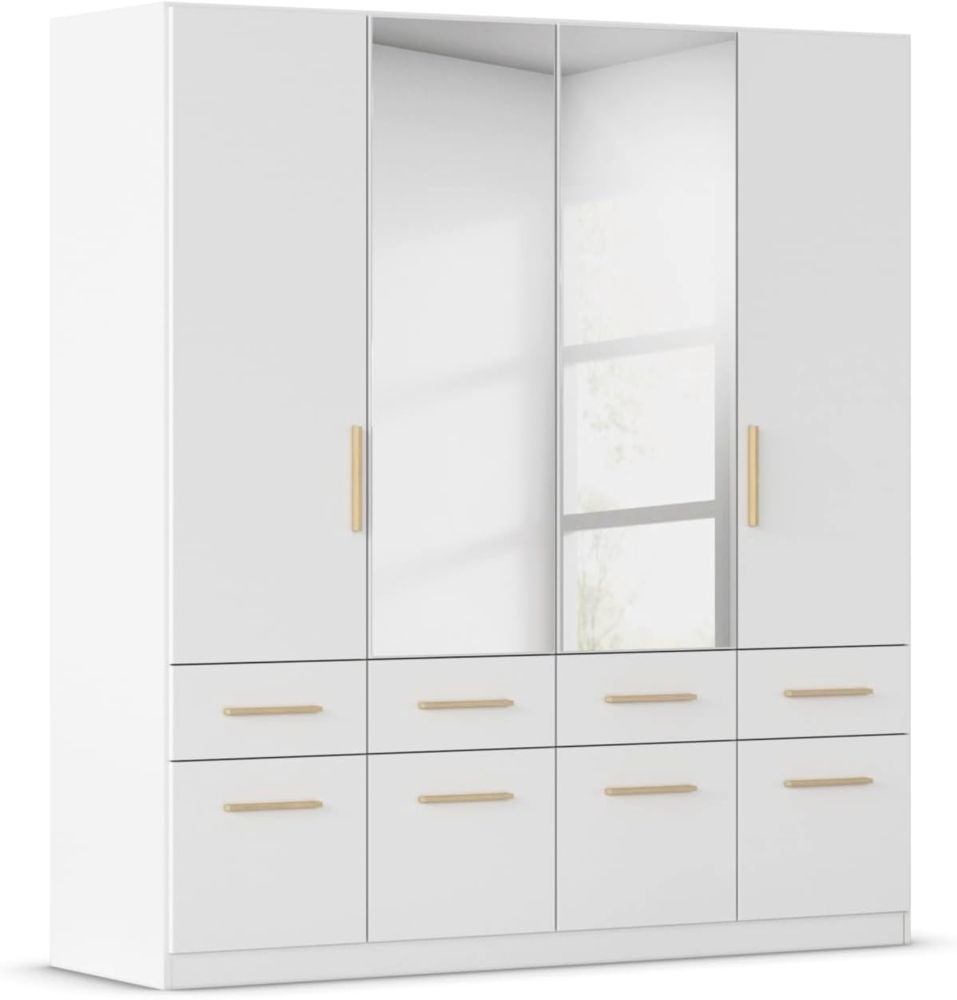Rauch Möbel Dundee, Kleiderschrank, Schrank, Garderobe, Organizer, 4-türig, mit Spiegel, 8 Schubladen für mehr Stauraum, Farbe Weiß, Holzgriff Eiche Massiv, 181 x 197 x 54 cm Bild 1