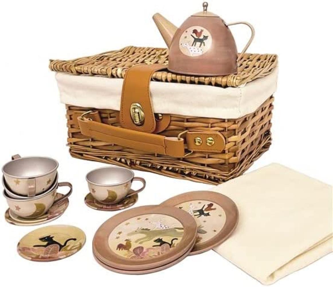 Teeservice mit Weidenkorb, Picknickset \"Die Bremer Stadtmusikanten\", aus Zinn, von Egmont Toys Bild 1