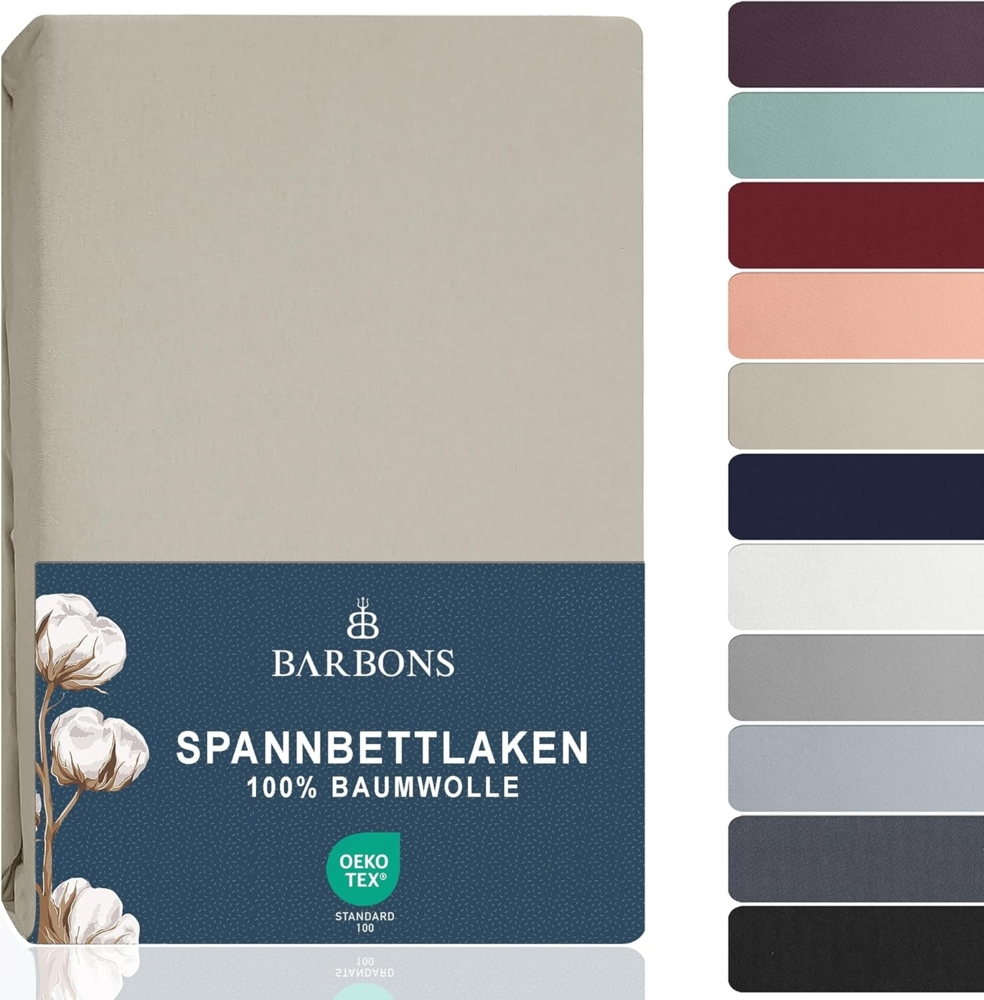 BARBONS Spannbettlaken 90x200 cm - 100% Baumwolle Spannbetttuch Oeko-TEX Zertifiziert Bettlaken Jersey Bettwaren und Bettbezug für Boxspringbett und Dicke Matratzen bis 27 cm - Sand 90x200 Bild 1