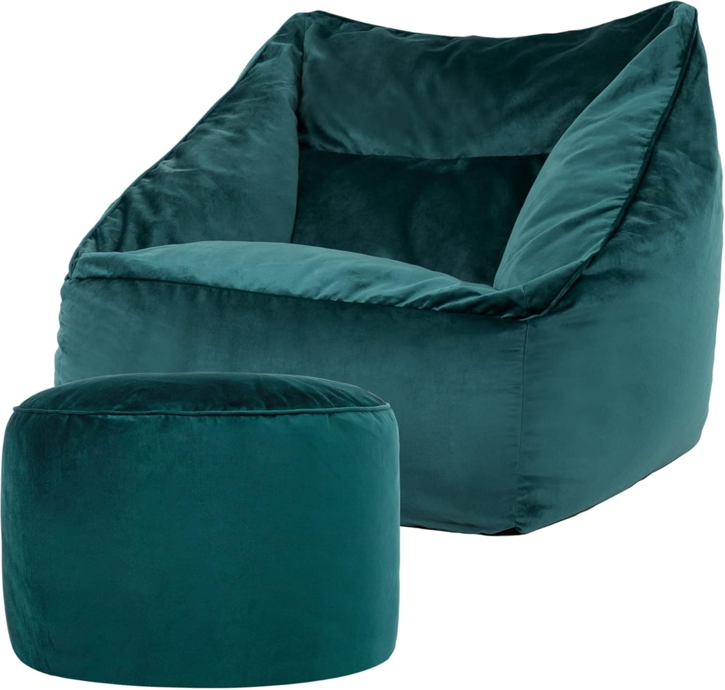 Icon Natalia Sitzsack Sessel mit Sitzpuff für Erwachsene, Blaugrün, Flauschiger Samtstoff, Riesen Sitzsack Samt mit Füllung, Bean Bag Chair, Bequemer Sessel Wohnzimmer, Lounge, Schlafzimmer, Büro Bild 1