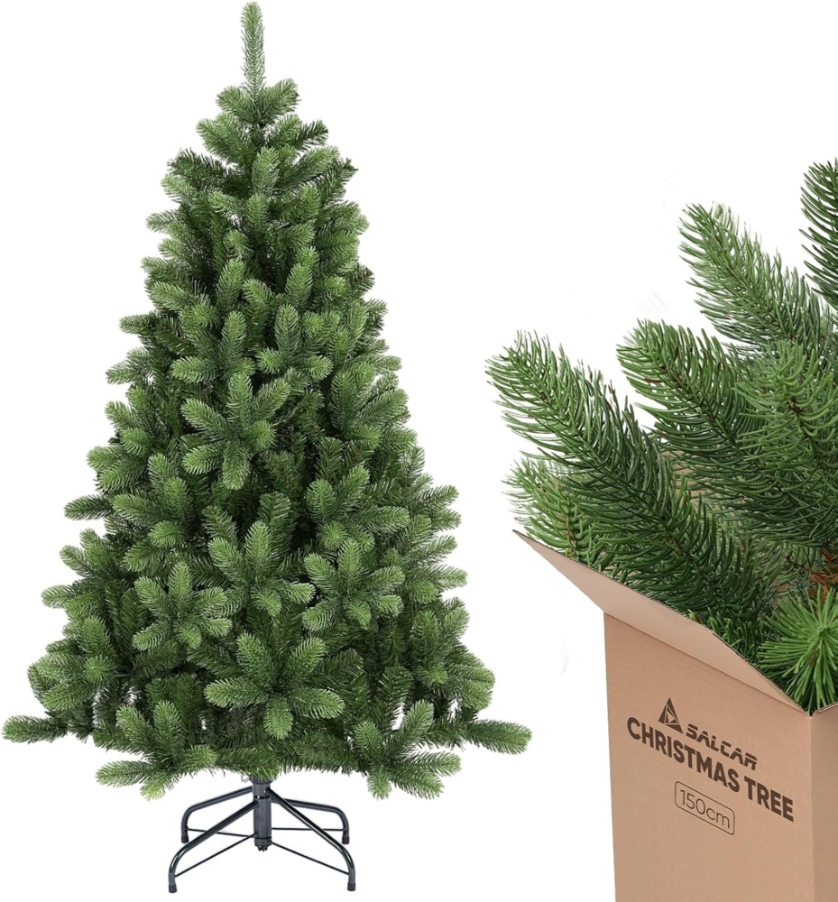 SALCAR 150cm Künstlicher Weihnachtsbaum mit realistischen PE-Rundspitzen und unsichtbaren PVC-Zweigen, naturgetreu in zartem Grün, Stabiler Metallständer, ideal für Innenbereich Bild 1