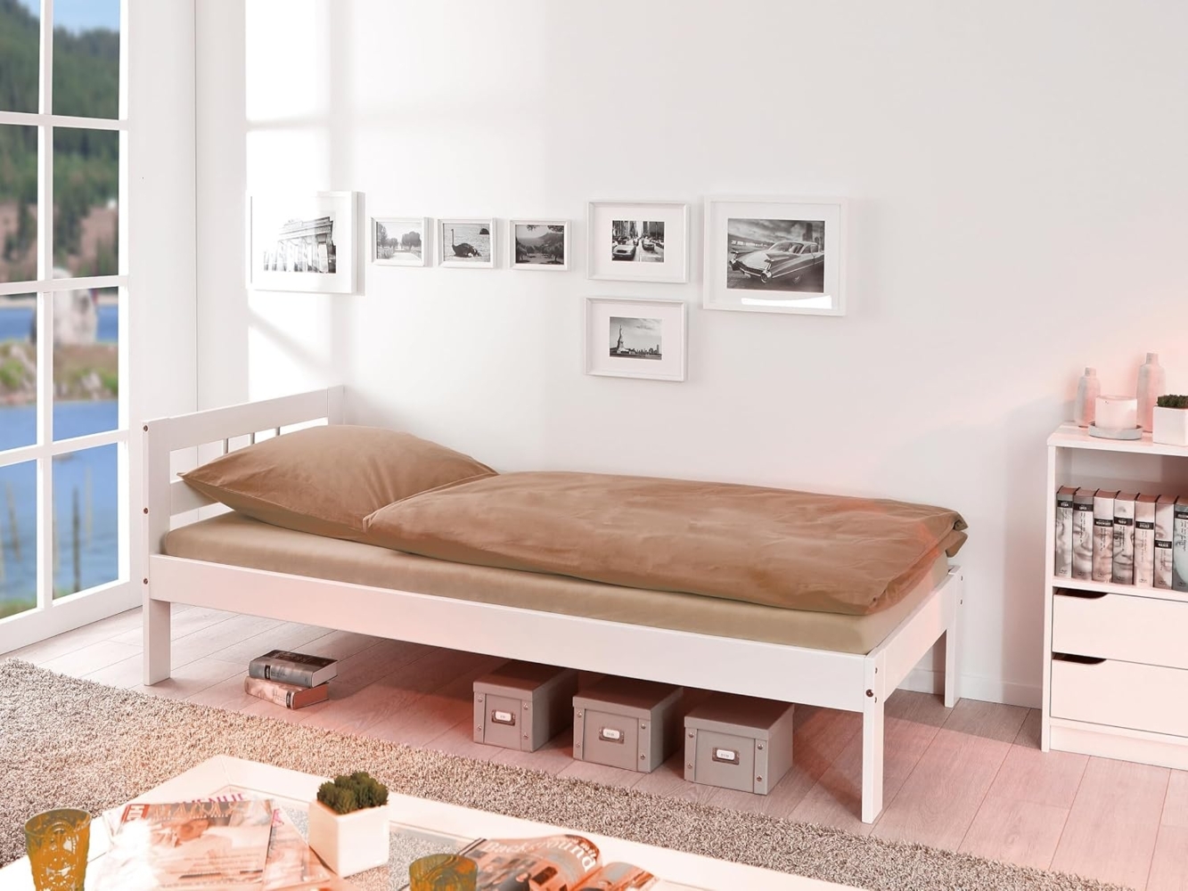 Bett FANA Einzelbett Futonbett 90x200, Kiefer massiv, Weiß lackiert Bild 1
