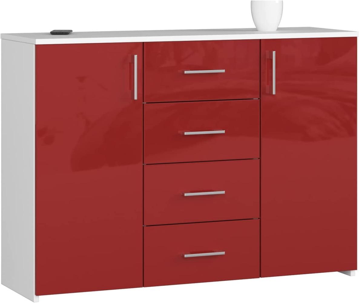 AKORD Kommode K45 mit 4 Schubladen und 2 Ablagefächern mit Türen | für das Wohnzimmer Schlafzimmer Schrank Büro Arbeitszimmer | B110 x H80 x T35 cm, Gewicht 43kg | Weiß/Rot Glänzend Bild 1