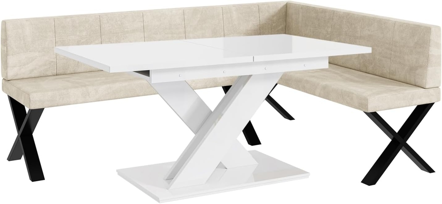 MEBLINI Eckbank für Esszimmer mit ausziehbarem Tisch - Küchenbank - Essecke - Sitzecke Küche - PETER - X-Beine 142 x 196 x 87 cm Rechts - Creme Samt/B Weiß Hochgl. Bild 1