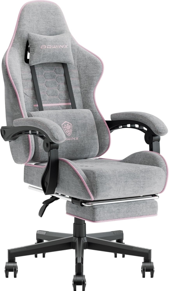 Dowinx Gaming Stuhl Bürostuhl Stoff Tasche Frühling Kissen, Massage Gamer Stuhl Stoff mit Kopfstütze, Ergonomische Bürostuhl mit Fußstütze (Grau und Pink) Bild 1