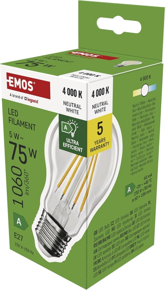 EMOS - LED-Lampe Filament A60 - A Klasse Vintage-Glühbirne - E27 Sockel - neutralweiß - 1060 lm - extra-sparsam, 5W (statt 75W Glühbirne) - 50 000 Stunden - Winkel 300° - CRI min. 80 Bild 1