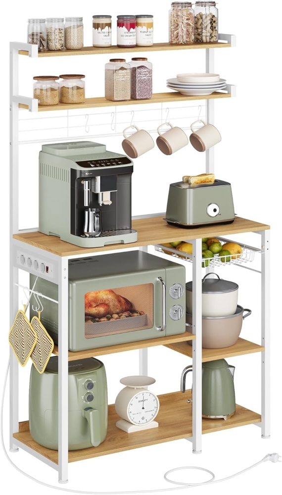 Vasagle Küchenregal, Standregal mit Steckdosen, Mikrowellen-Regal, kaffeebar, Bäckerregal, 8 S-Haken, mit Korb, Gewürzregal, goldeichenfarben-wolkenweiß KKS031Y19 Bild 1